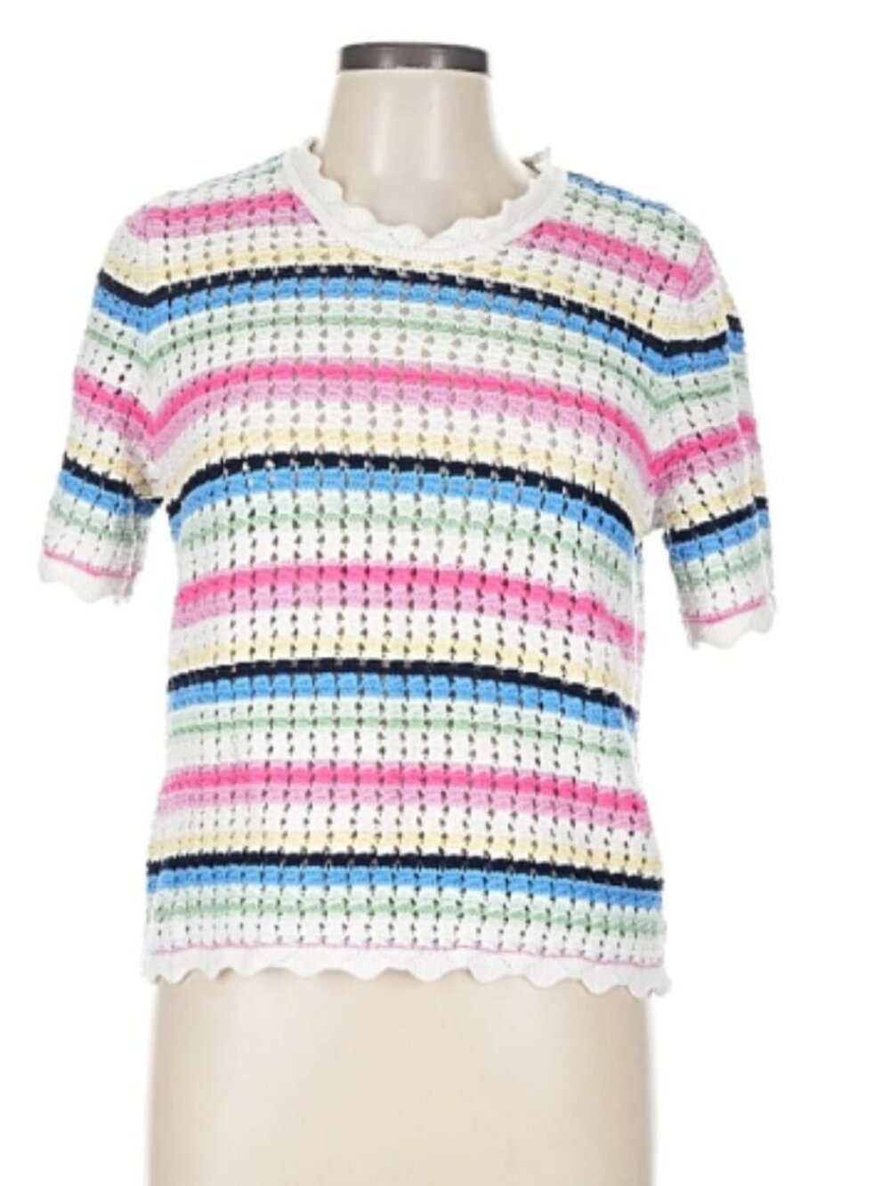 GAP Striped Crochet Knit Top Collared Short Sleeve Cotton Size L